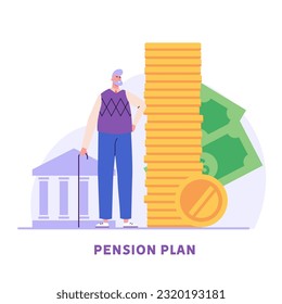 Elderly people choosing pension plan. Pensioner standing next to calculator and coins. Concept of pension savings, insurance pension, funded pension, investments. Vector flat cartoon design