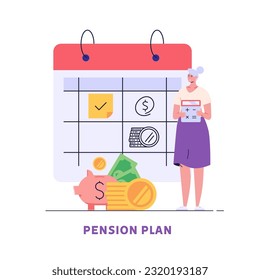 Elderly people choosing pension plan. Pensioner standing next to calculator and coins. Concept of pension savings, insurance pension, funded pension, investments. Vector flat cartoon design