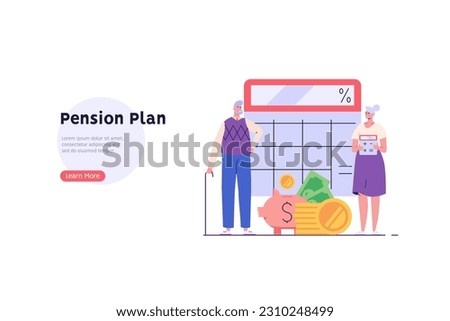 Elderly people choosing pension plan. Pensioner standing next to calculator and coins. Concept of pension savings, insurance pension, funded pension, investments. Vector flat cartoon design