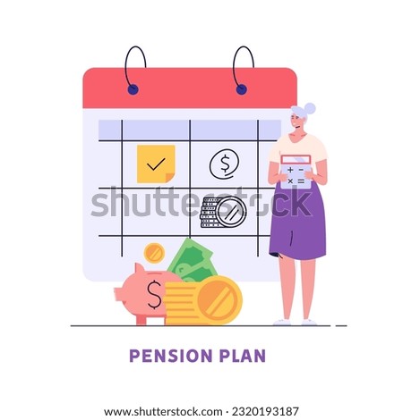 Elderly people choosing pension plan. Pensioner standing next to calculator and coins. Concept of pension savings, insurance pension, funded pension, investments. Vector flat cartoon design