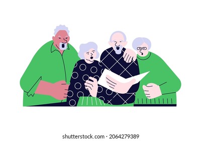 Elderly people choral singing from song book together isolated on white. Seniors couples have music hobby. Flat Art Vector Illustration