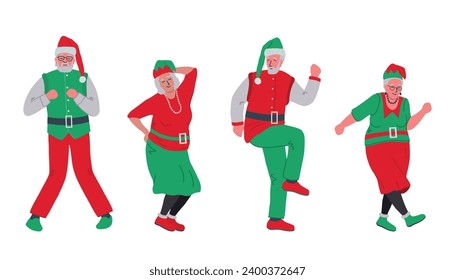 Elderly people in Christmas costumes are dancing and having fun. Christmas party. Positive active seniors. Santa Clauses and elf women. Vector illustration