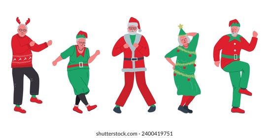 Elderly people in Christmas costumes are dancing and having fun. Christmas party. Positive active seniors. Vector illustration