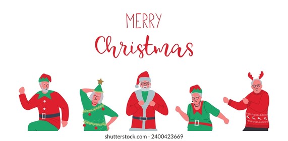 Elderly people in Christmas costumes are dancing and having fun. Christmas party. Positive active seniors. Vector illustration