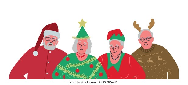 Elderly People in Christmas Costumes. Christmas Party. Senior Men Senior Women Stand Together. Positive Active Seniors. Santa Claus, Christmas Tree, Elf Woman, Deer. Vector Illustration on White