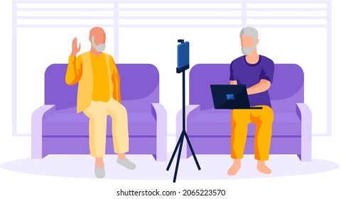 Elderly people communicate with cell phone and laptop. Senior people calling, using smart devices. Old man speaks via video link online with phone. Studying smartphone and social networks in internet
