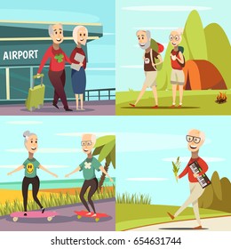 Elderly people concept icons set with travel and tourism symbols cartoon isolated vector illustration