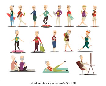 Elderly people concept icons set with travel and tourism symbols cartoon isolated vector illustration