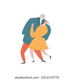 Elderly people couple dancing together. Old man and woman dancing retro popular romantic dance. Isolated hand drawn flat vector illustration.