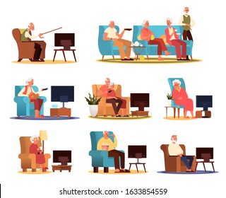 Elderly people and couple sitting on the sofa or armchair and watching TV. Old people lifestyle concept. Senior man and woman relaxing at home. Vector illustration in cartoon style