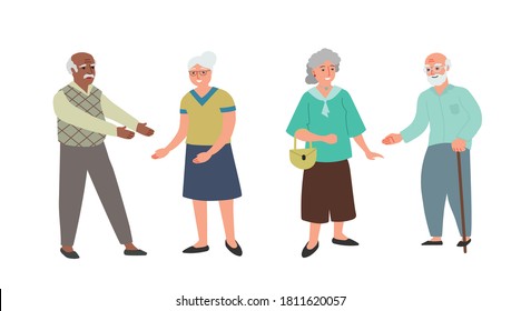Elderly people couples. Different ethnic and nationality. Happy smiling men and women want to hug. Vector illustrations isolated on white background.