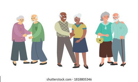 Elderly people couples. Different ethnic and nationality. Asian, African American and European men and women. Vector illustrations isolated on white background.