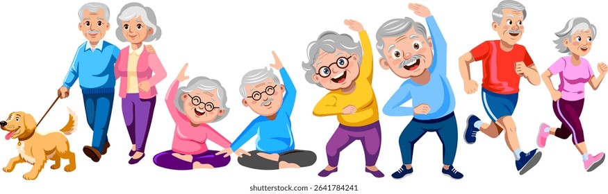 Elderly people cute retired couples lead active lifestyle doing yoga running walking with dog doing exercises Vector