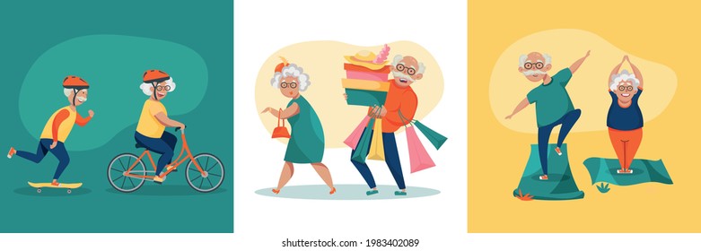 Elderly people daily activities concept 3 funny cartoon compositions old couple shopping exercising cycling skateboarding vector illustration