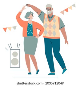 Elderly people dance. Grandparents are happy and spend time actively. Dance lesson for seniors. Party for retirees. The concept of pension activity. Flat design isolated on white background. Vector.