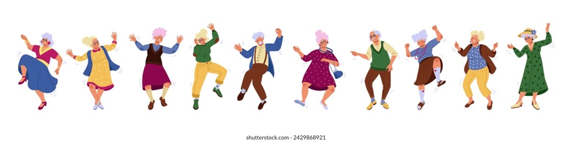 Elderly people dance. Senior dancers. Old woman and man. Party music. Grandmother and grandfather dancing. Healthy lifestyle. Retirement fun. Active choreography motions set. Vector tidy illustration