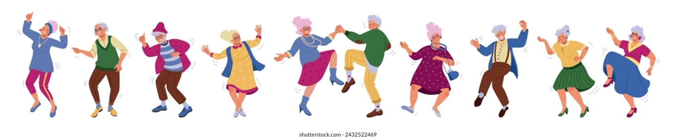 Elderly people dance. Senior dancers. Old woman and man. Party music. Grandmother and grandfather dancing. Healthy lifestyle. Retirement fun. Active choreography motions set. Vector tidy illustration