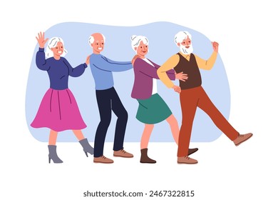 Elderly people dance together at party, rejoicing at long-awaited reunion or retirement. Several gray-haired men and women dance conga line, enjoying carefree old age and opportunity not to work