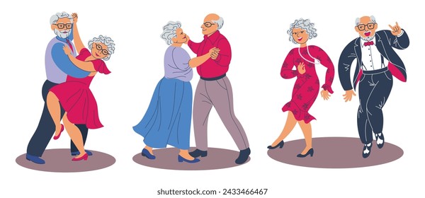 Ancianos bailando. Parejas felices de la tercera edad bailando tango, vals rock n roll. Divertida abuela y abuelo mudándose y divirtiéndose. Ilustración vectorial de personajes de dibujos animados