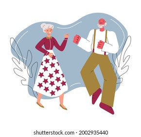 Elderly people dancing merrily at bubble backdrop with leaves, sketch cartoon vector illustration isolated on white background. Retirement age leisure and activity.