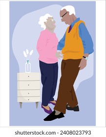Elderly people are dancing. On the background: a bedside table, a vase with flowers