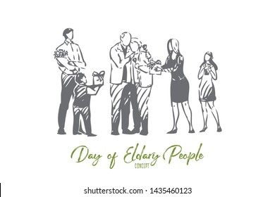 Elderly people day concept sketch. Isolated vector illustration