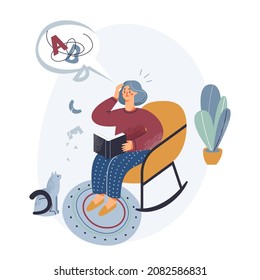 Personas mayores con demencia ilustrativa vectorial. Abuela de caricatura sosteniendo un libro, mujer mayor confundida sentada en mecedora, dificultad para entender las palabras en demencia aislada en blanco