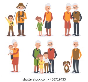 
Elderly people in different poses standing together with grandchildren. Senior people activities. Vector people portrait.