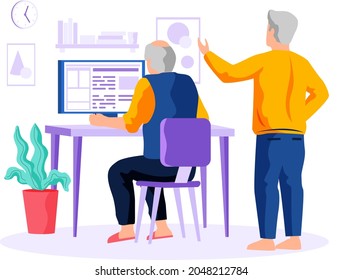 Elderly people and digital technology pensioner man sits at computer studying on courses with coach. Concept of remote work from home, distance learning, programming, freelance for retired people