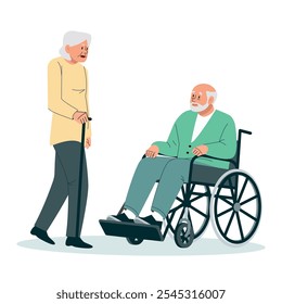 Las personas mayores con discapacidades se comunican juntas en un hogar de ancianos. Abuelo en silla de ruedas, abuela con bastón, pensionistas. Ilustración vectorial en estilo plano de dibujos animados en un blanco