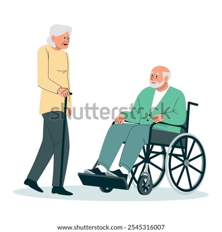 Elderly people with disabilities communicate in a nursing home together. Grandfather in a wheelchair, grandmother with a cane, pensioners. Vector illustration in flat cartoon style on a white