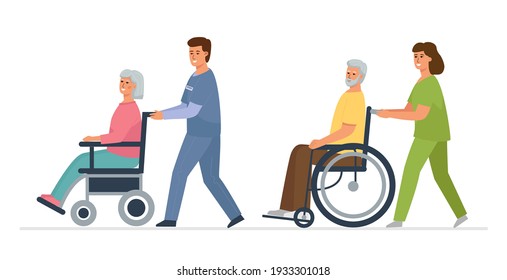 Elderly people with disabilities in wheelchairs and medical workers. A walk for patients from a nursing home.