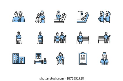 Elderly people and disabled flat line icons set blue color. Vector illustration caring for the elderly. Nursing home and hospice service. Editable strokes.