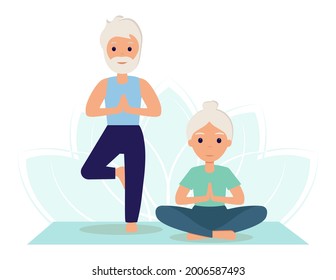 Elderly people do yoga, practice meditation. Yoga classes. The old woman and the old man go in for sports to lead an active healthy lifestyle. Yoga practice. Vector illustration in flat style.