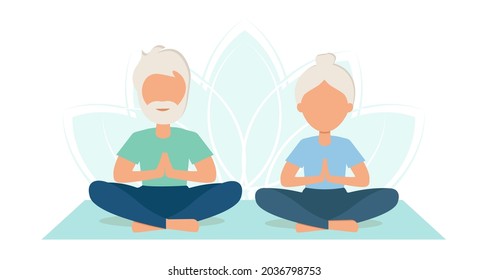 Elderly people do yoga, practice meditation. Yoga classes. The old woman and the old man go in for sports to lead an active healthy lifestyle. Yoga practice. Vector illustration in flat style.