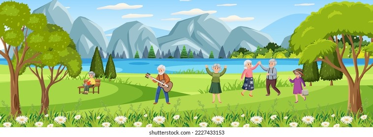 Personas de edad avanzada haciendo actividad en la ilustración del parque natural