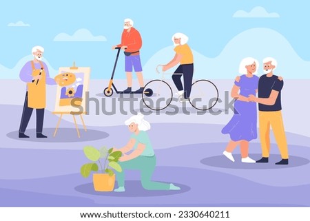 Elderly people doing different activities vector illustration. Cartoon drawing of old men and women painting, cycling, gardening, dancing. Senior life, hobby, leisure, creativity concept