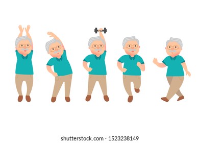 Elderly people doing exercises in different poses.Isolated on a white background.