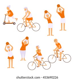 Elderly people doing exercises in different poses. Healthy active lifestyle retiree. Sport for grandparents, elder fitness, cycling for Seniors isolated on white background.  Vector illustration eps10