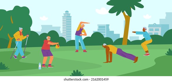 Elderly people doing exercises in the park flat vector illustration. Active senior people outdoors.