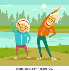 Elderly people doing exercises. Vector flat cartoon illustration
