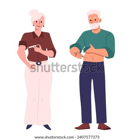 Elderly people doing self injections. Woman apply injection syringe in hand and man applying shot in belly. Hand drawn flat isolated vector illustrations.