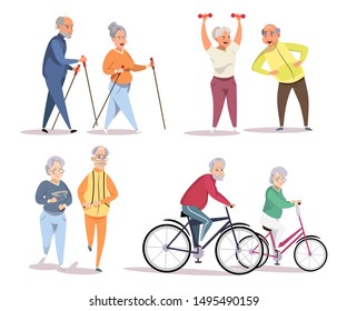 Elderly people doing sport flat illustrations set. Old couple in sportswear jogging, riding bicycles cartoon characters. Pensioners practicing nordic walking with ski poles, doing exercises