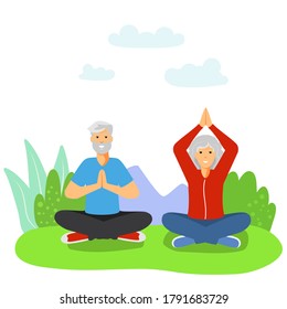 Elderly people doing sport flat vector illustrations concept. Old couple рensioners practicing doing exercises
