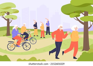 Elderly people doing sport in park flat vector illustration. Pensioners running, jogging, doing exercises or physical activity, riding bikes in nature. Sanatorium healthy lifestyle concept