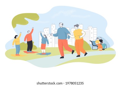 Elderly people doing sports in park. Flat vector illustration. Grandfathers and grandmothers jogging and doing fitness outdoors. Healthy lifestyle, sport, oldness concept for banner design