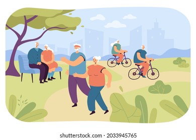 Elderly people doing sports and relaxing in nature. Flat vector illustration. Senior athletes riding bicycles, running, sitting on bench in city park. Exercise, healthy lifestyle, retirement concept