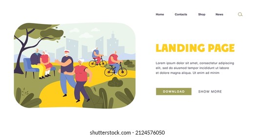 Elderly people doing sports and relaxing in nature. Flat vector illustration. Senior athletes riding bicycles, running, sitting on bench in city park. Exercise, healthy lifestyle, retirement concept