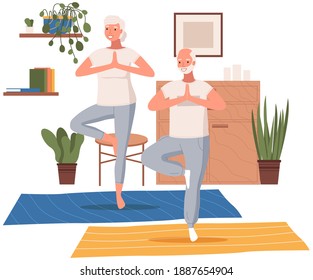 Elderly people doing yoga exercises in different poses together at home. Healthy active lifestyle retiree. Sport for grandparents, elder fitness, yoga for seniors. Man and woman engaged in athletics