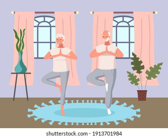 Elderly People Doing Yoga Exercises In Different Poses Together At Home. Healthy Active Lifestyle Retiree. Sport For Grandparents, Elder Fitness, Yoga For Seniors. Man And Woman Engaged In Athletics